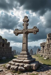 Stone cross in ancient ruins against overcast sky, weathered, heritage