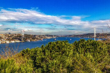 View of Bosphorus Bridge from hill. Istanbul, Turkey, February 2024	