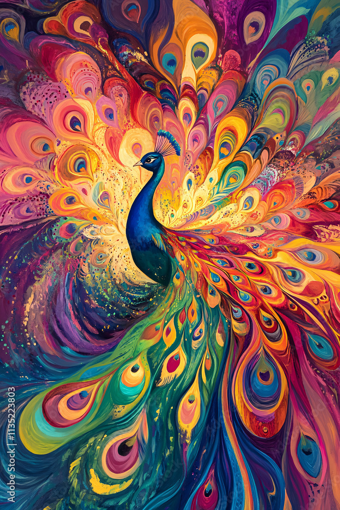 Poster illustration of an abstract peacock spreading its tail feathers, with vibrant colors exploding outwa