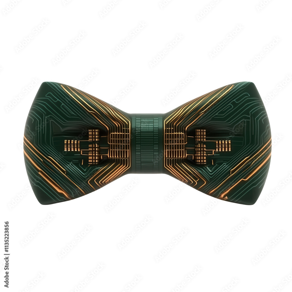 Poster a stylized bowtie featuring intricate circuit patterns and vibrant colors, emphasizing a blend of te