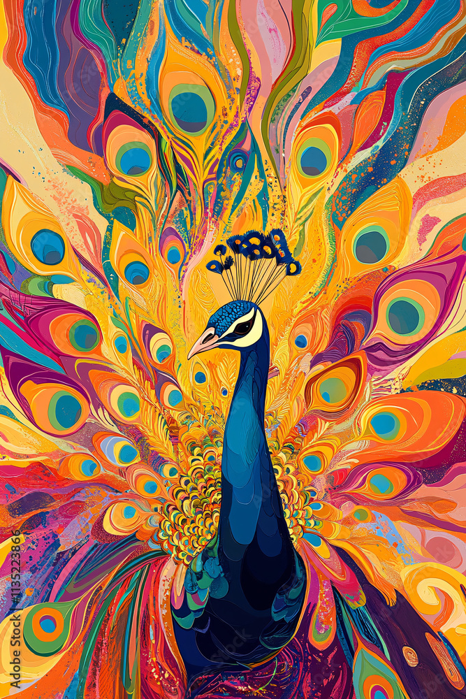 Poster illustration of an abstract peacock spreading its tail feathers, with vibrant colors exploding outwa