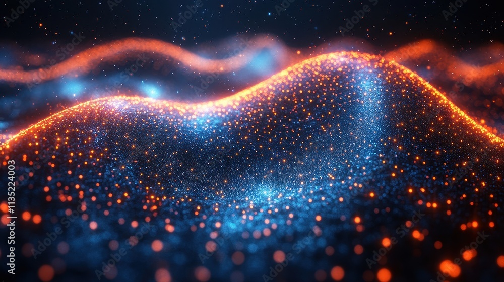 Poster abstract glowing particles on wavy surface with starry background.