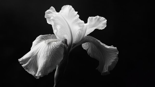 A striking monochrome photograph of a delicate white iris flower