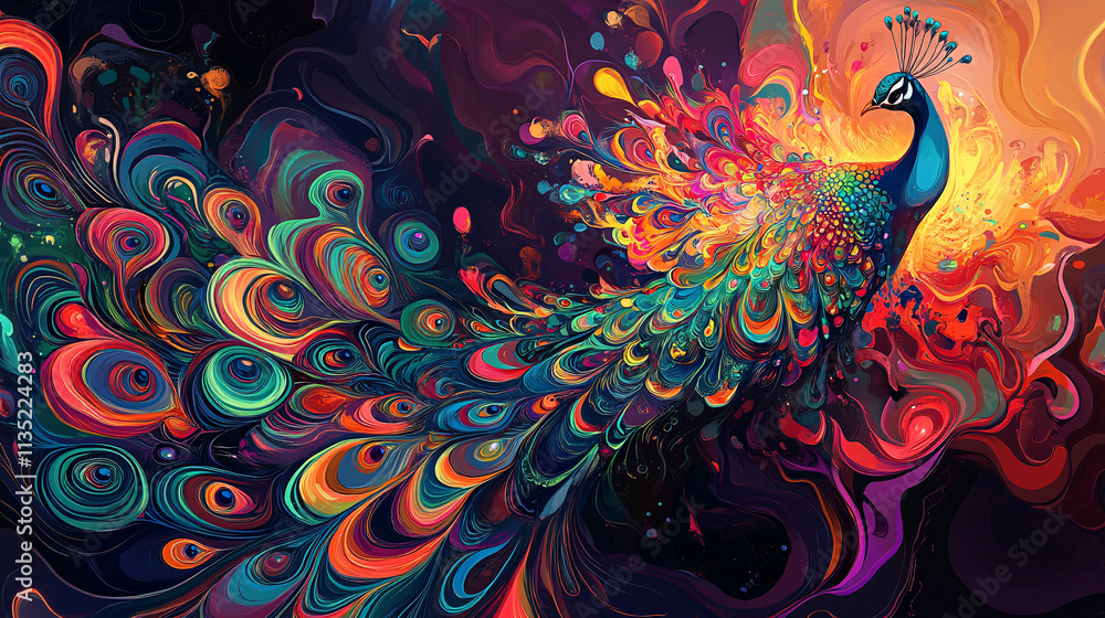 Poster illustration of an abstract peacock spreading its tail feathers, with vibrant colors exploding outwa