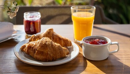 나무 테이블 위에 가지런히 놓인 브런치 크루아상, 딸기 잼, 신선한 주스, 그리고 커피 한 잔