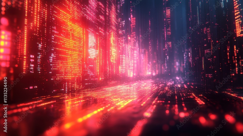 Poster futuristic digital cityscape with red binary code flow, abstract technology background.