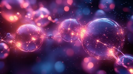 Abstract 3D Network of Glowing Spheres Connected with Lines and Bokeh Lights on a Dark Background.