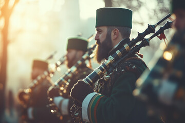 Fototapeta premium Bagpipers dressed in traditional attire marching in a St. Patrick’s parade, bright natural light, lively and festive mood 