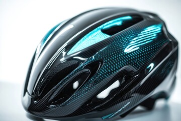 Fototapeta premium Sleek black carbon fiber bicycle helmet with cyan accents, showcasing aerodynamic design and high-performance features.