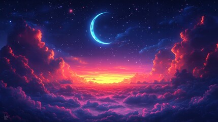 Fototapeta premium Ethereal Night Sky Glowing Crescent Moon Above Fiery Clouds at Sunset.