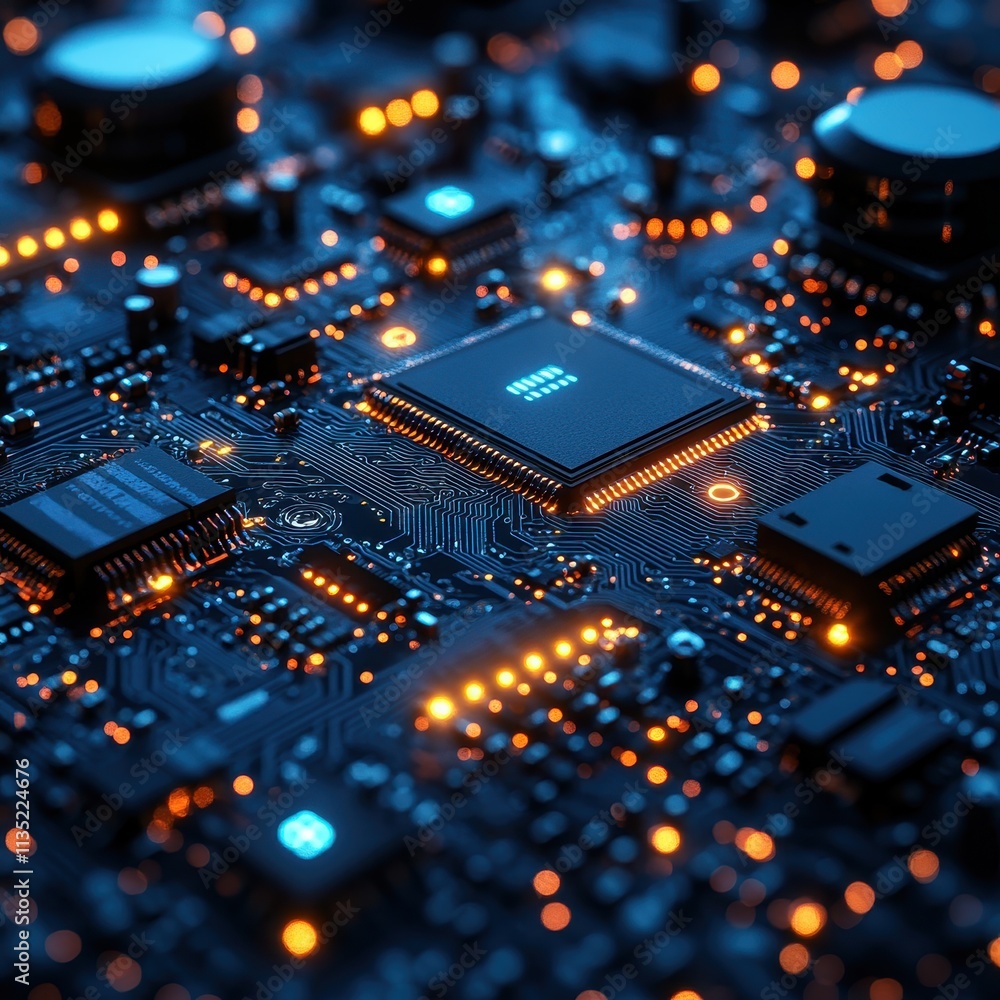 Poster futuristic close-up of glowing computer circuit board with abstract orange and blue light points.