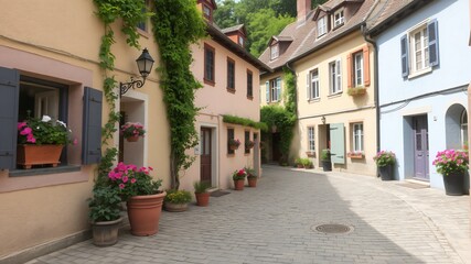 Fototapeta premium Charming cobblestone street featuring colorful houses and blooming flowers in a quaint village during a sunny day