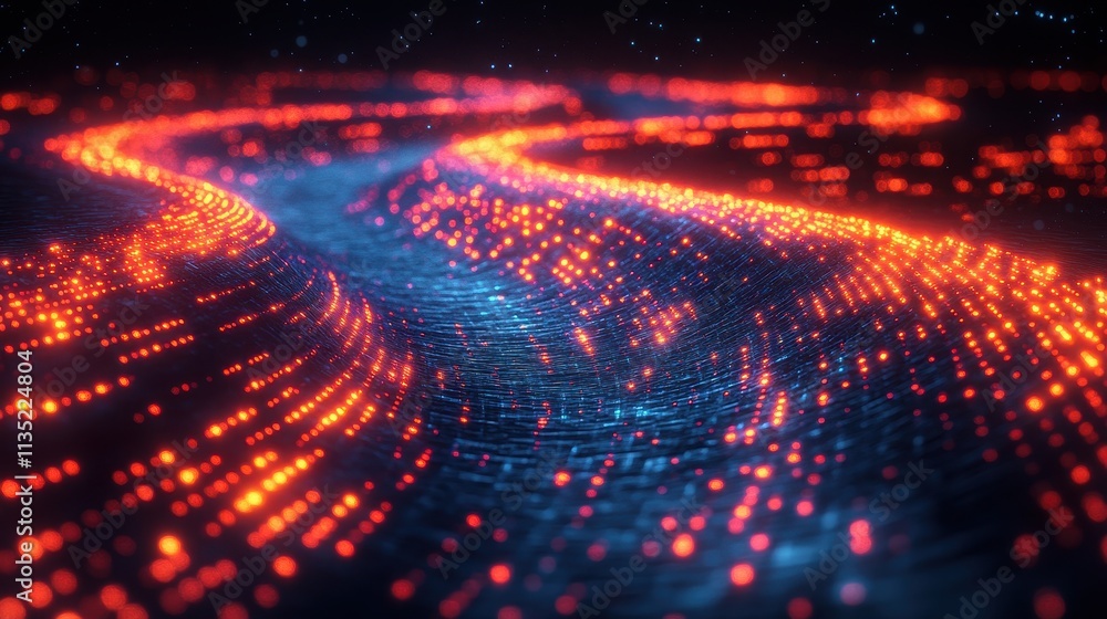 Aufkleber abstract digital data stream flowing across a surface with starry night background.