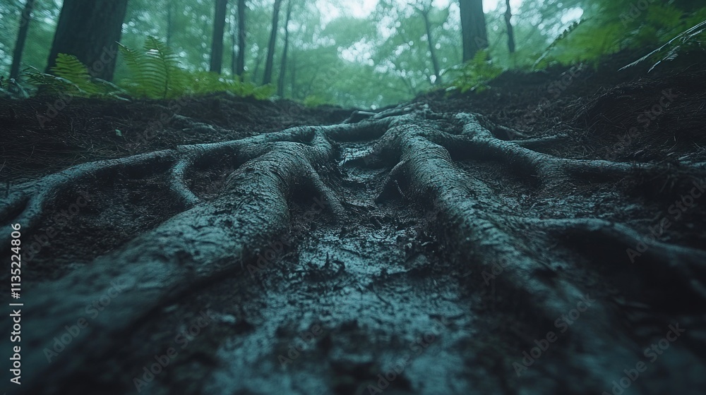 Poster a close-up view of tree roots on a forest floor, surrounded by greenery and soft lighting.
