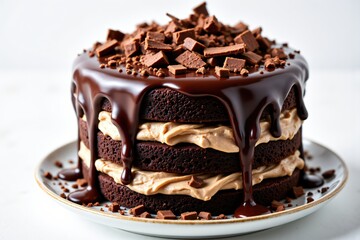 Decadent Layer Chocolate Cake with Rich Ganache and Chocolate Chunks