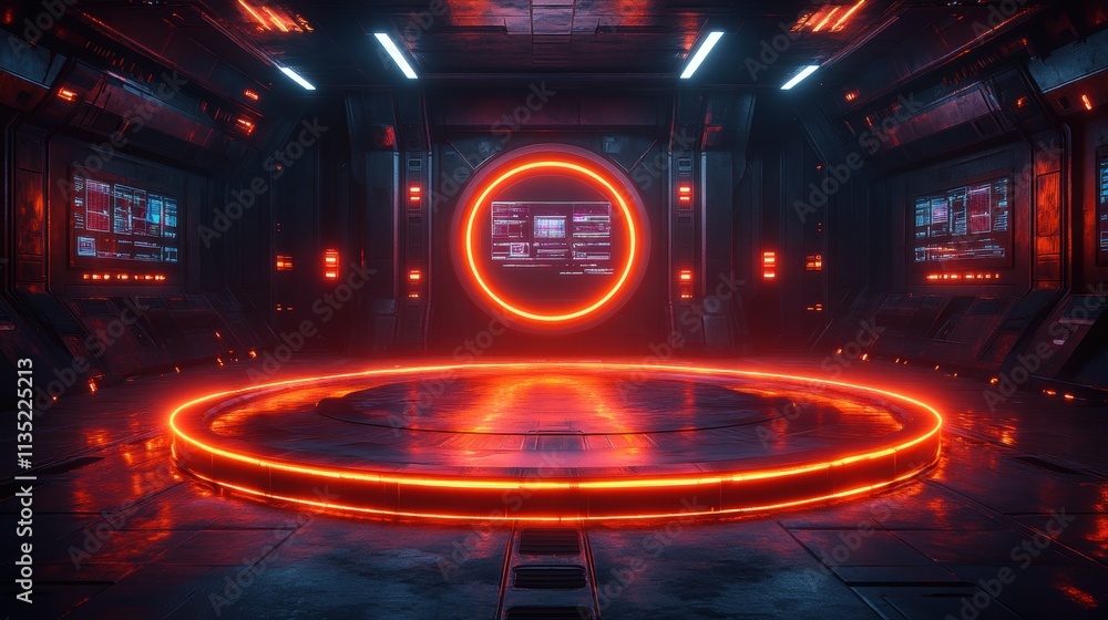 Aufkleber futuristic sci-fi interior with circular neon platform and data display screens.