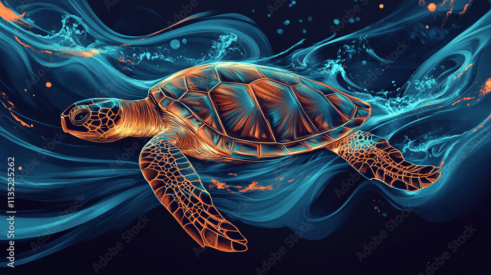 Poster illustration of an abstract sea turtle swimming through swirling waves, its shell made of geometric 