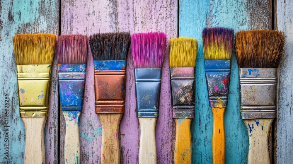 Poster a visually appealing composition of used paintbrushes with colorful bristles arranged on a rustic wo