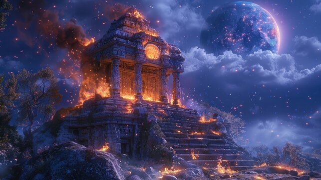 Burning ancient temple with alien planet view.