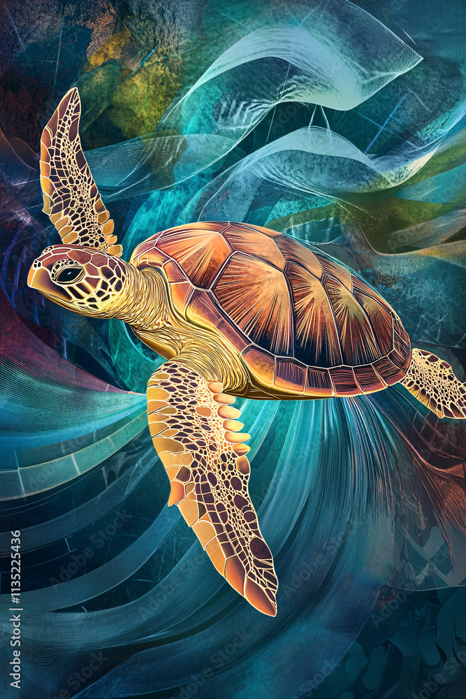 Poster illustration of an abstract sea turtle swimming through swirling waves, its shell made of geometric 