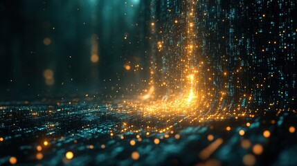 Abstract Digital Data Stream Glowing Teal and Gold Binary Code Background Image