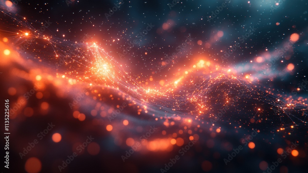 Poster abstract glowing network orange and blue digital landscape with sparkling particles and lines for te