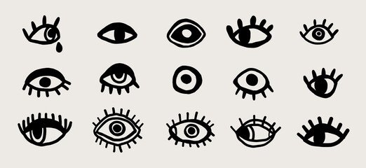 Minimalist abstract hand drawn eye doodle sketch set trend silhouette cut out figurine.