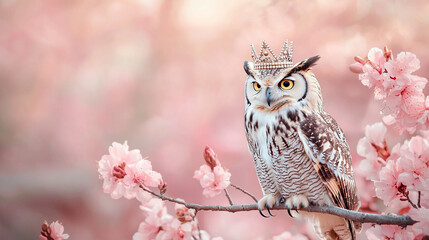 Obraz premium Majestic owl perched on cherry blossom branch in serene spring setting with soft pink hues.