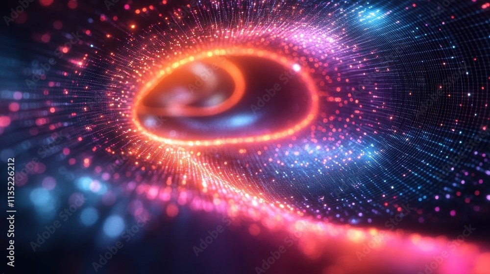 Poster abstract glowing particle swirl, high tech digital data flow, sci-fi background.
