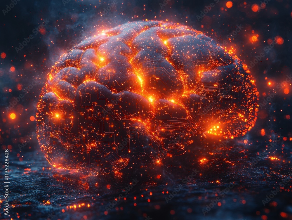 Poster glowing digital brain with circuitry and abstract fire effect, artificial intelligence concept.