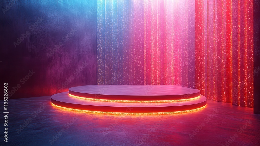 Poster illuminated two-tiered stage with gradient lighting and abstract background, 3d render.