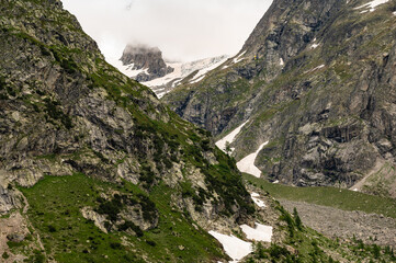 Pre de Bar glacier. Melting Glacier in the Alps. Val Ferret, Courmayeur,  Aosta, Italy. Tour du Mont Blanc. Mountains, Panorama
