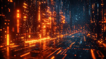 Fototapeta premium Futuristic Digital Cityscape Abstract Glowing Data Network in Cyberpunk Style.