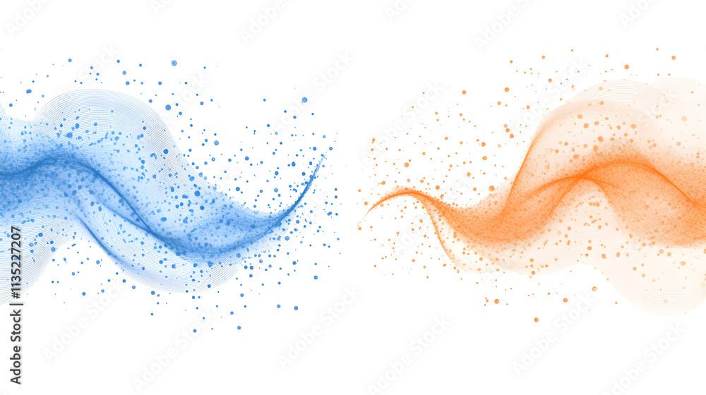 Poster abstract waves in blue and orange with scattered particles, suggesting movement and flow.