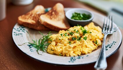 스크램블 에그와 토스트가 담긴 접시, 그리고 신선한 허브 장식