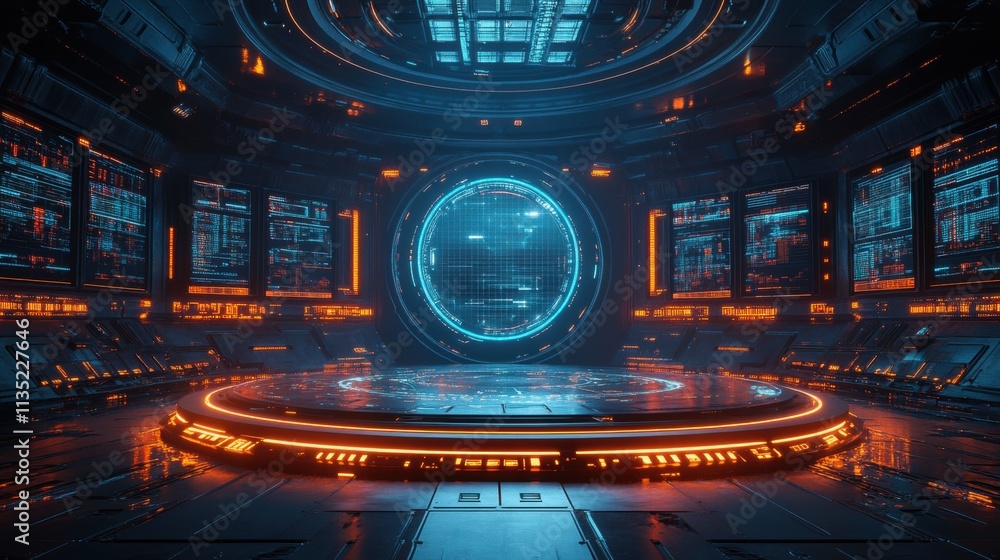 Poster futuristic sci-fi spaceship bridge interior with holographic display and digital screens - 3d render