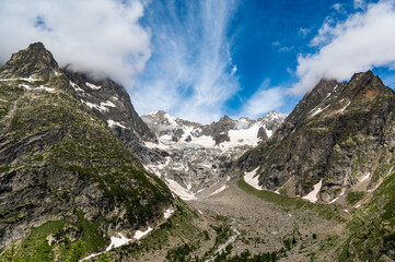 Pre de Bar glacier. Melting Glacier in the Alps. Val Ferret, Courmayeur,  Aosta, Italy. Tour du Mont Blanc. Mountains, Panorama
