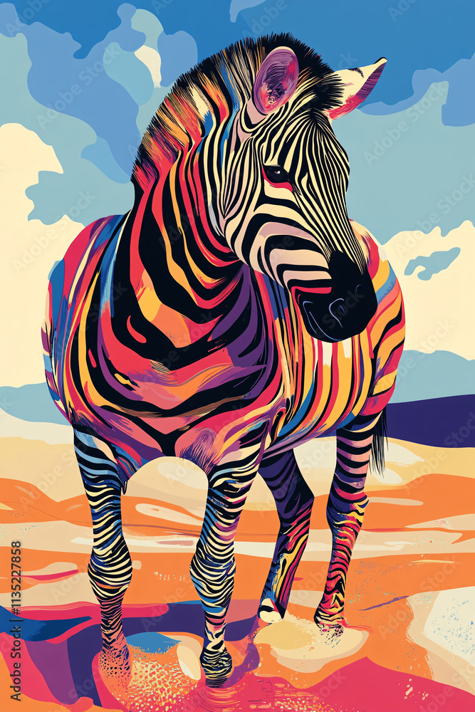 Poster illustration of an abstract zebra, with its stripes transformed into colorful, dynamic waves of moti