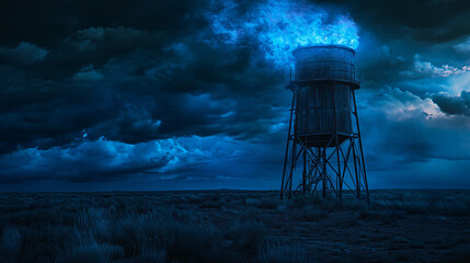 An isolated water tower on a barren field, engulfed by ghostly blue flames that seem to drift with the night breeze.