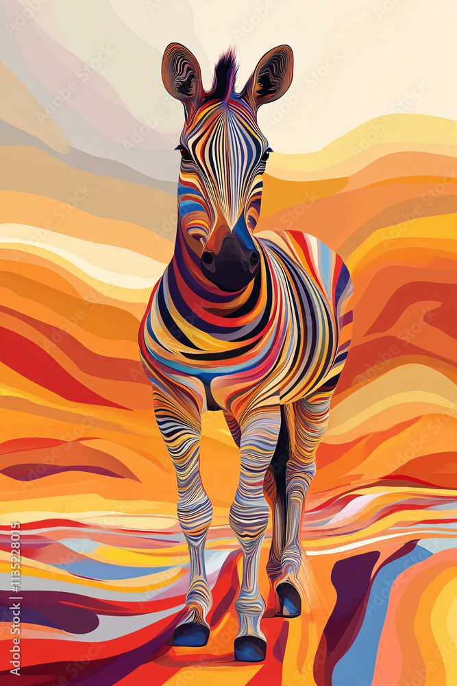 Poster illustration of an abstract zebra, with its stripes transformed into colorful, dynamic waves of moti