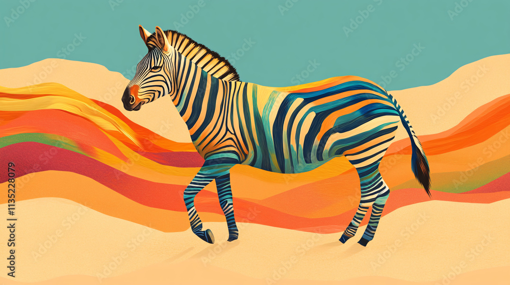 Poster illustration of an abstract zebra, with its stripes transformed into colorful, dynamic waves of moti