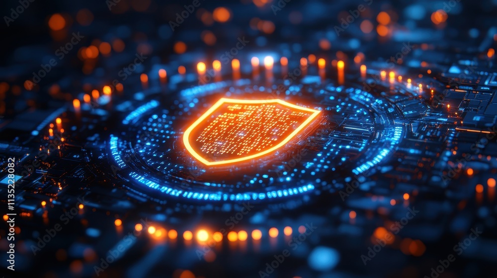 Aufkleber futuristic digital shield cyber security and data protection concept with glowing neon icon on circu