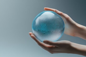 A pair of hands gently cradles a luminous, teal, grid-patterned sphere, symbolizing global connection and innovation.