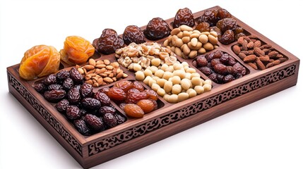 A Premium Collection of Dry Fruits Featuring Dates Elegantly Arranged on a Rustic Wooden Platter Perfect for Festive Occasions and Celebratory Events.