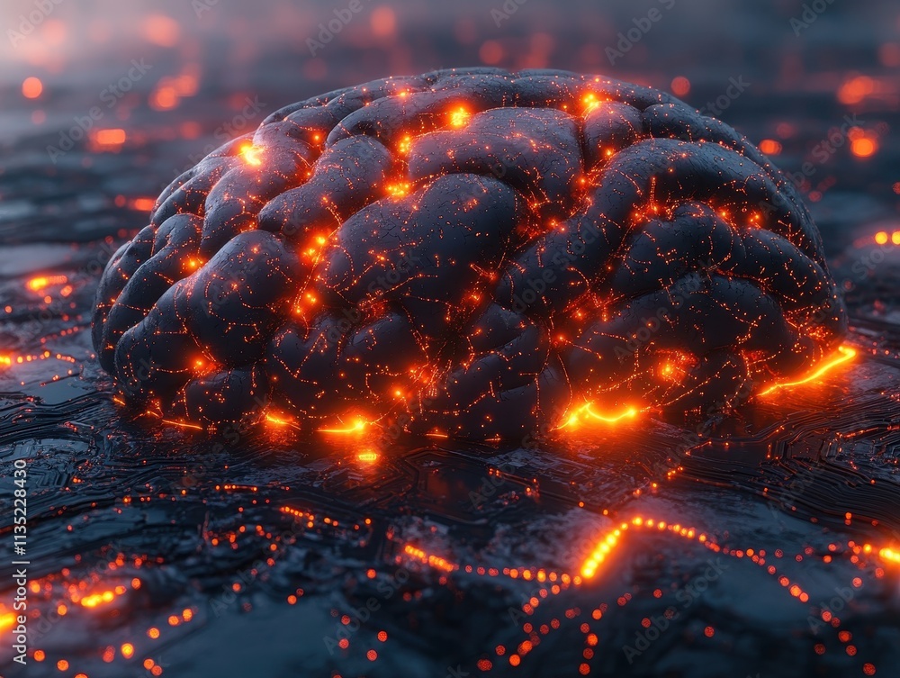 Poster glowing brain neural network on digital circuit board with fiery energy.