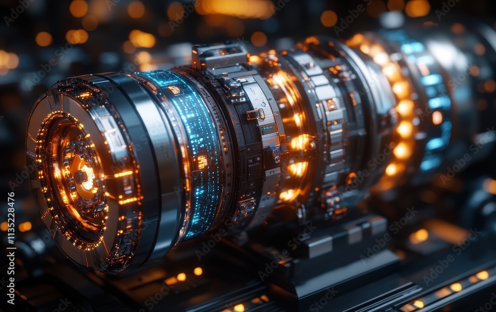 Poster detailed 3d rendering of a futuristic metallic cylinder with glowing circuitry and bokeh background.