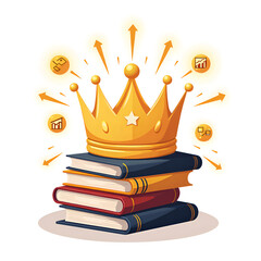 A golden crown surrounded by charts and books  symbolizing knowledge as power, digital art of conceptual art concept.