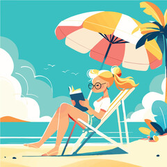 Vector illustration of a blonde girl on the beach in nature