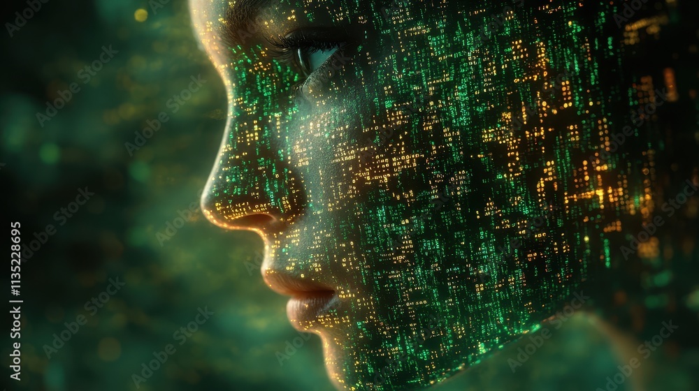 Poster digital skin close-up of a female face with glowing binary code overlay.