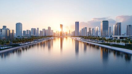 Fototapeta premium Modern city skyline at sunrise reflecting on calm river, showcasing urban architecture and serene nature.